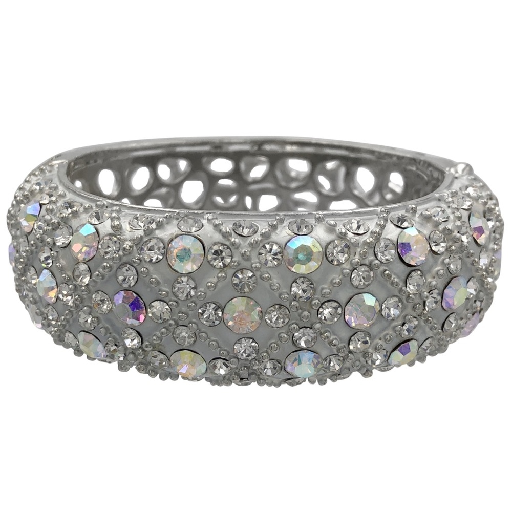 Silver AB Iridescent Rhinestone Chunky Statement Hinged Bangle Bracelet